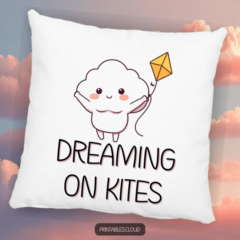 Funny pillow illustration of a cheerful cloud character joyfully riding a kite with arms wide, invoking a sense of happy escapism.