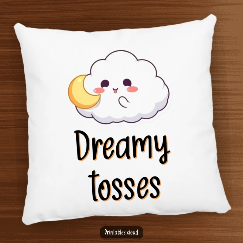 Funny pillow with a cloud character playing catch with a bright moon, soft celestial imagery, cute and humorous home decor gift.