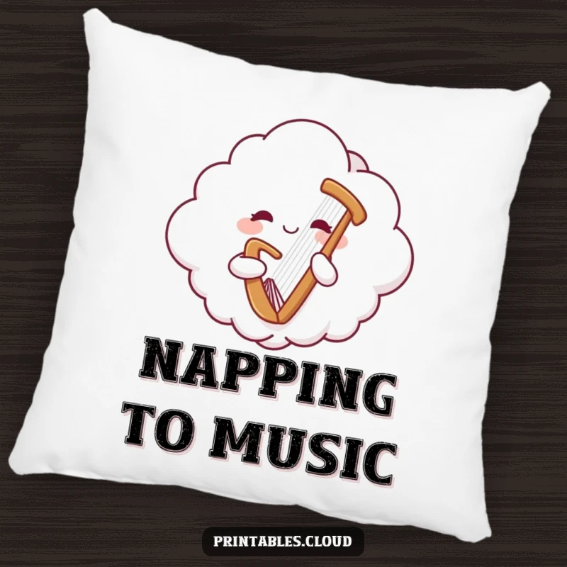 Funny pillow showing a cheerful cloud character floating and playing a gentle harp, perfect for adding comfort and serene joy.
