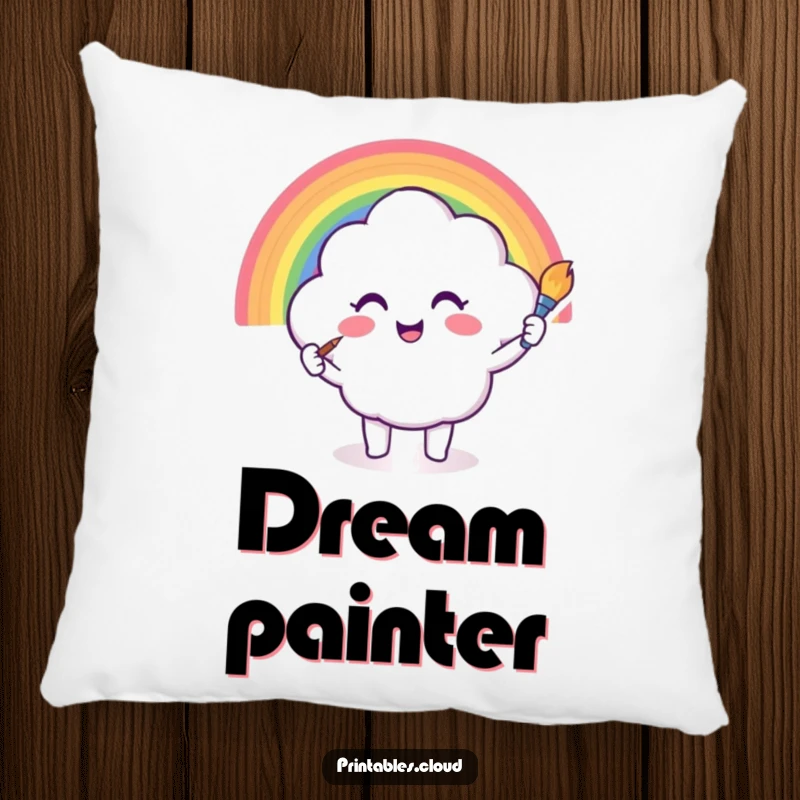Funny pillow with a cloud painting a rainbow, soft artistic theme, cheerful and humorous home decor gift.