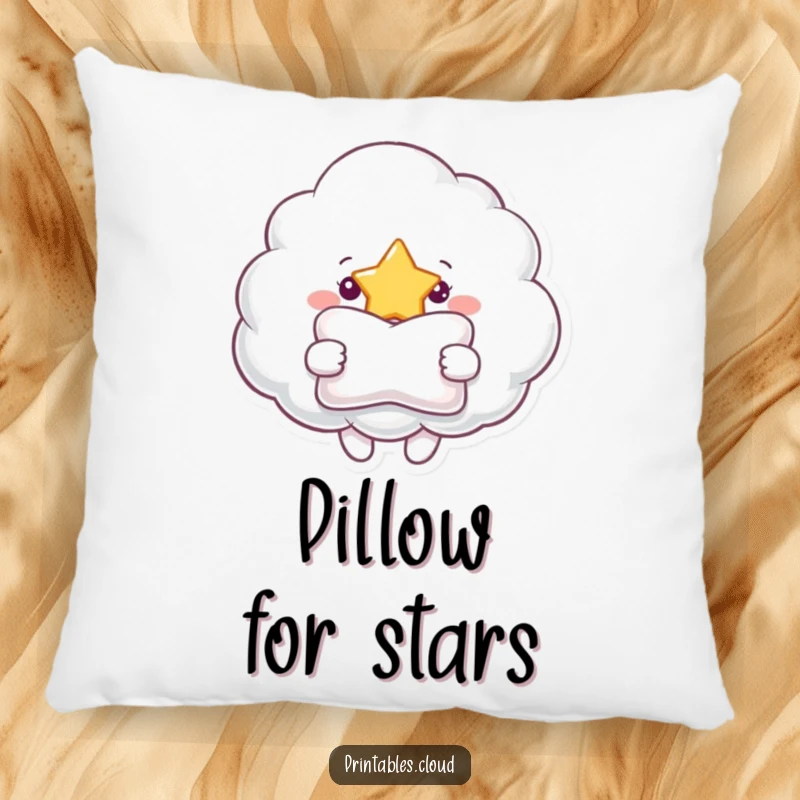Funny pillow illustration of a friendly cloud character offering a fluffy pillow to a shining star, perfect for cozying up.