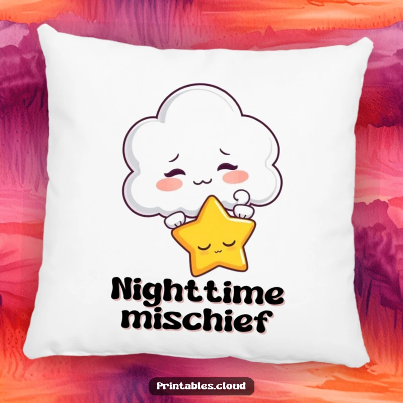 Funny pillow showing a mischievous cloud character puffing at a sleepy star, perfect for adding comfort and playful humor.