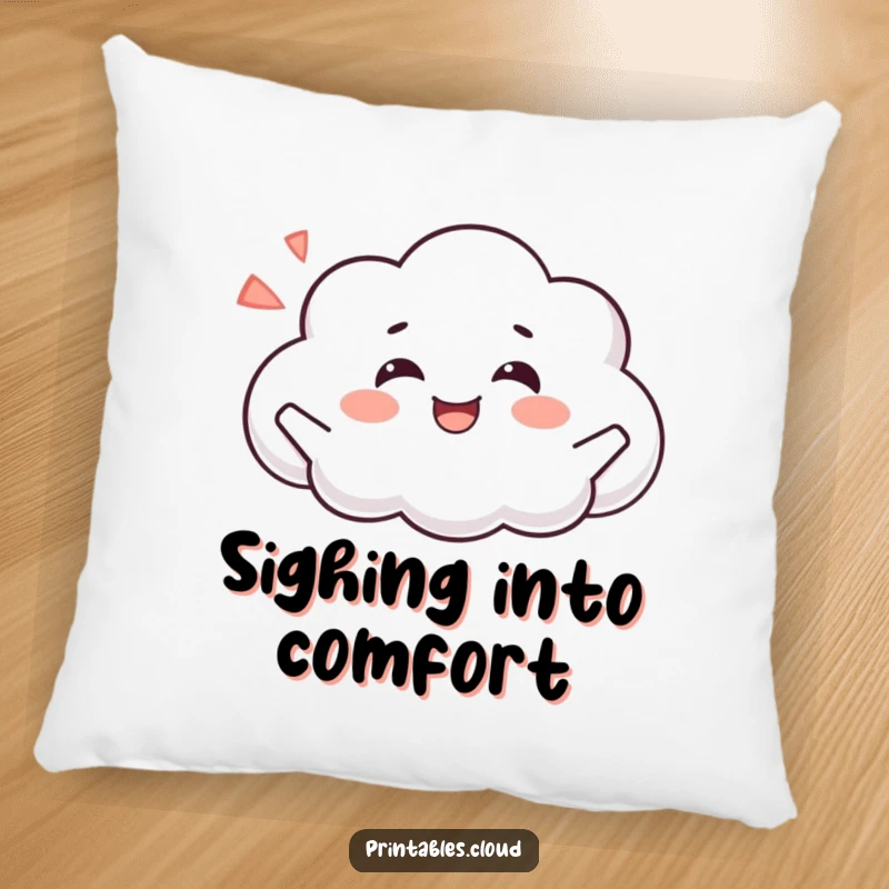 Funny pillow illustration of a joyful cloud character striking a peaceful pose, exhaling a contented sigh, perfect for relaxation.