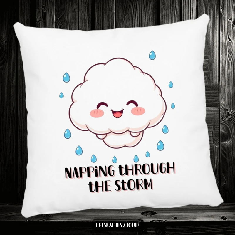 Funny Pillow: A fluffy cloud character juggles raindrops with a smile, adding soft, playful humor to any space.