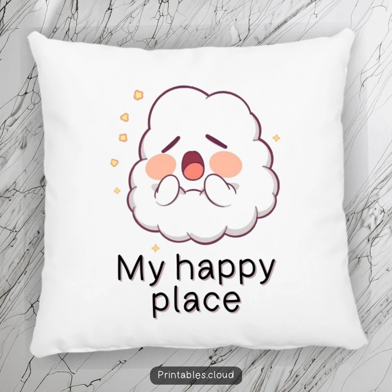 Funny Pillow: A sleepy cloud character is yawning peacefully, emitting a soft glow of dust, adding a humorous and cozy touch.