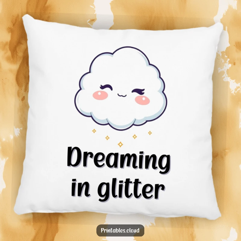 Funny pillow showing a winking cloud character dropping tiny, shimmering sparkles, offering comfort with a playful and magical feel.