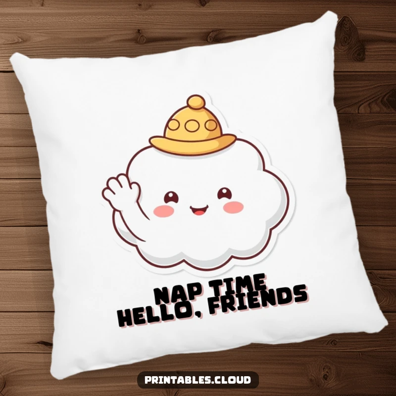 Funny pillow showcasing a cloud character in a tiny hat, offering a friendly and gentle wave hello.