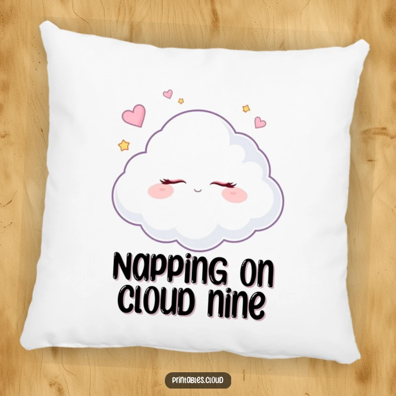 Funny dreaming cloud pillow, soft and plush, enraptured by sugar plum visions, designed for whimsical comfort.