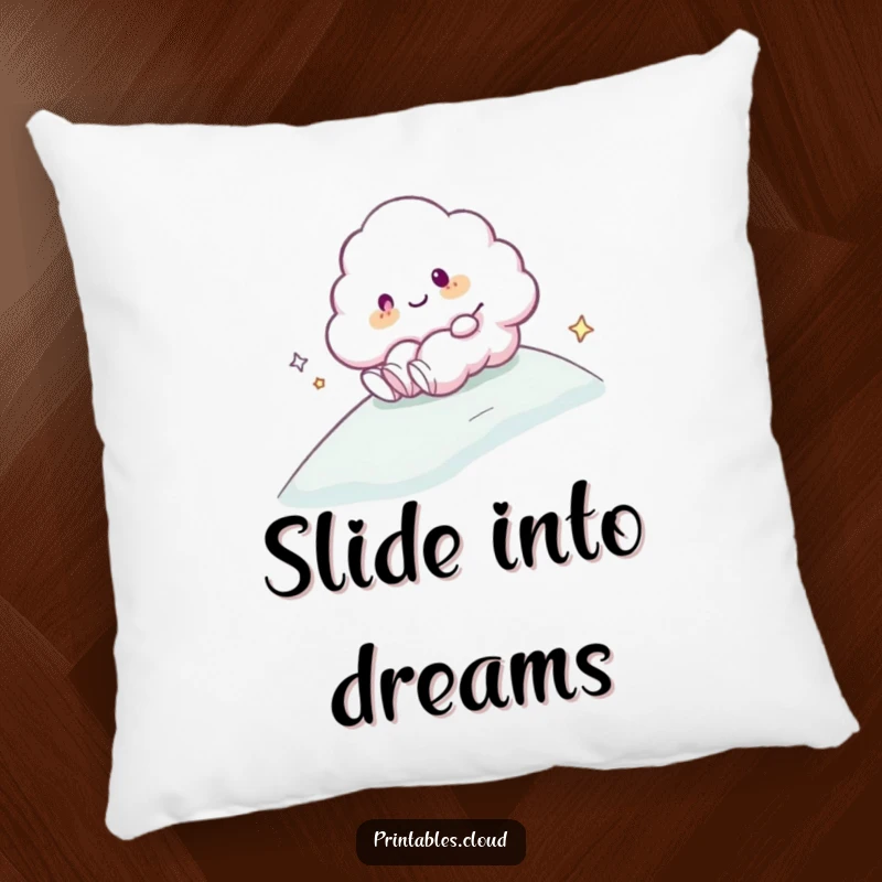 Funny Pillow: A fluffy cloud character happily sliding down a gentle, misty slope, bringing smooth comfort and fun.