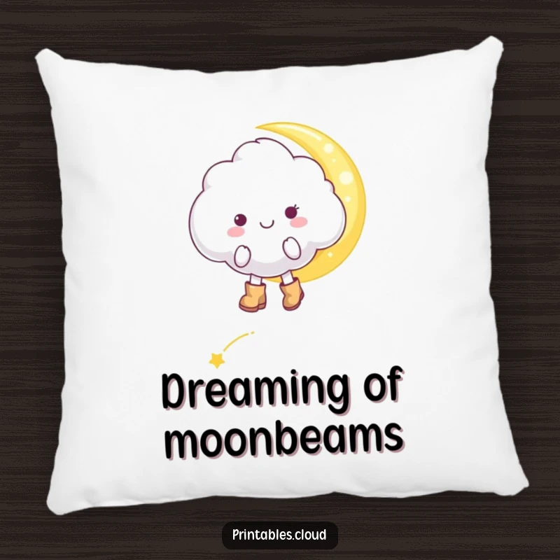 Funny cheerful cloud character, in tiny boots, tiptoeing on a moonbeam, on a soft pillow, humorous decor for comfort.