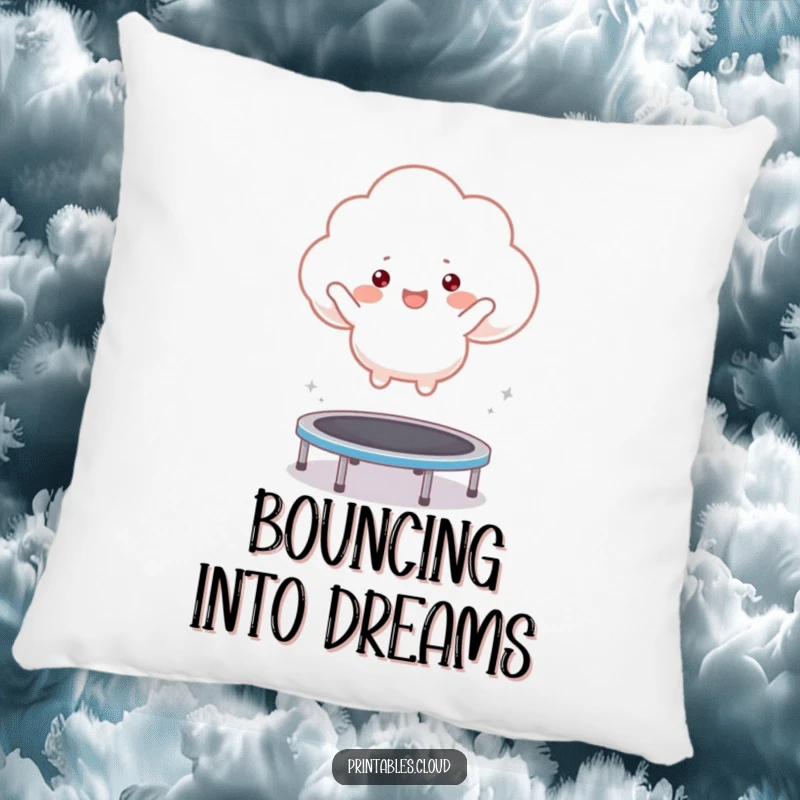 Funny pillow showcasing a happy cloud character bouncing on a trampoline, perfect for adding comfort and fun.