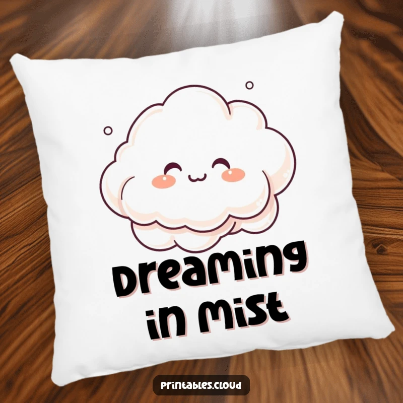 Funny giggling cloud character, creating mist art, on a soft pillow, humorous decor for relaxation.