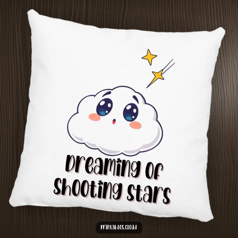 Funny surprised cloud character with wide eyes, gazing at a shooting star, on a soft pillow, humorous decor for comfort.
