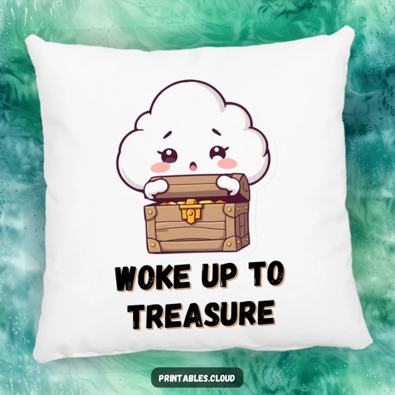 Funny pillow showcasing a cloud character, eyes wide with astonishment, opening a treasure chest brimming with golden loot.
