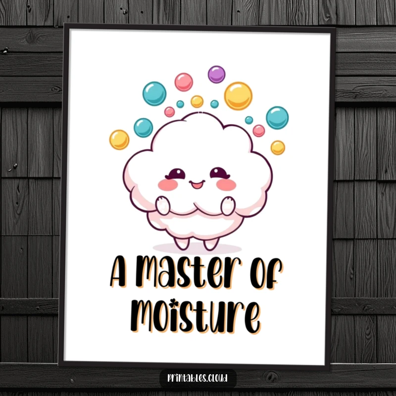 Funny digital art print of a delighted fluffy cloud character juggling colorful raindrops, perfect for instantly adding cheerful decor.