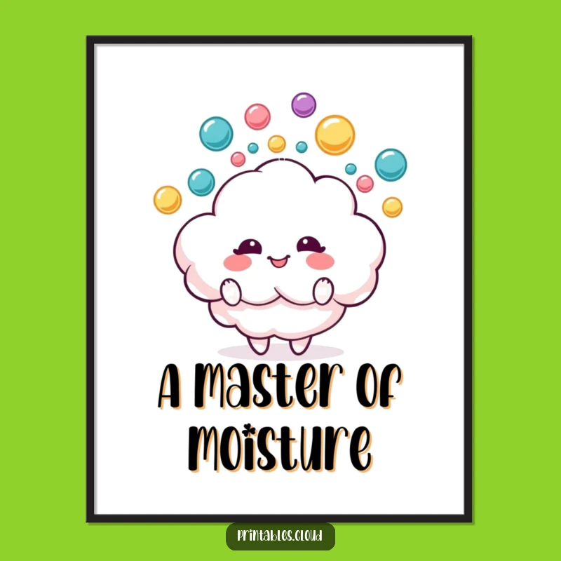 Funny Cloud Juggling Raindrops Digital Art, Instant Joyful Decor