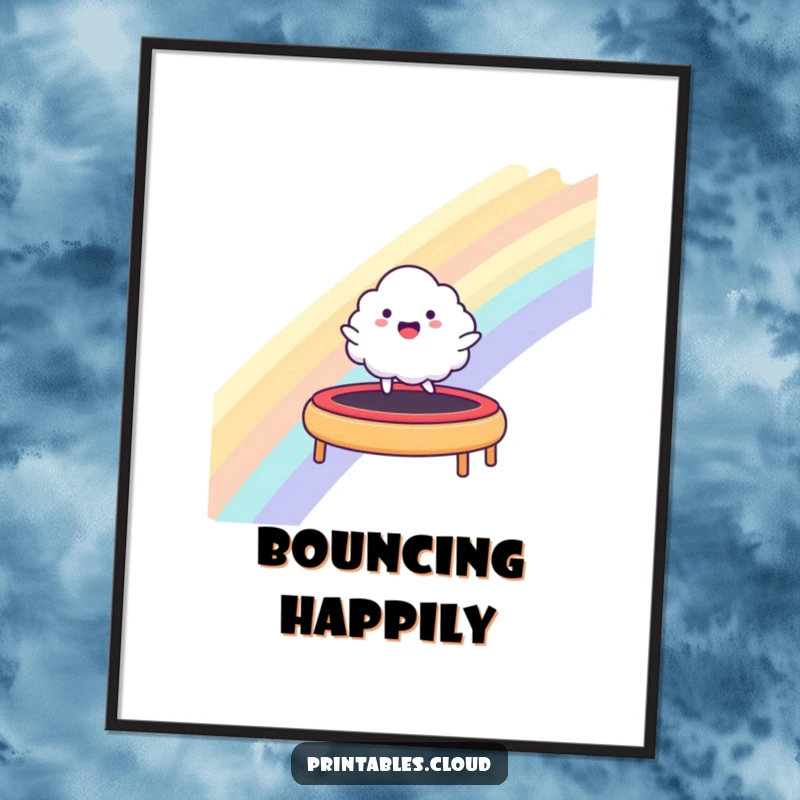 Funny digital art print of a happy cloud character bouncing on a rainbow trampoline, ideal for instant, cheerful decor.