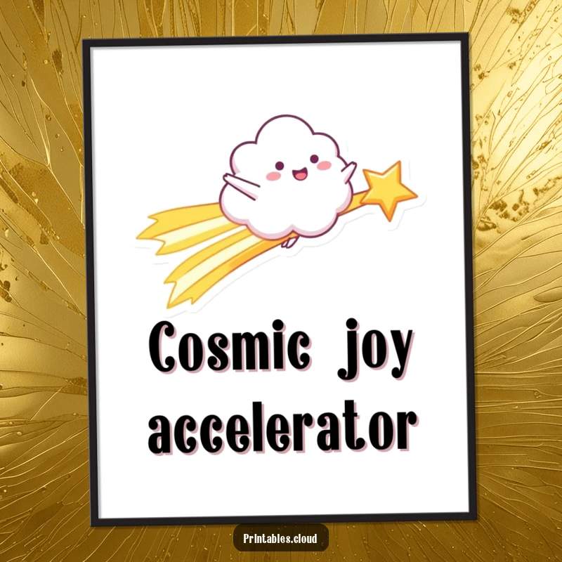 Funny Digital Art: A happy cloud character rides a shooting star with arms outstretched, ready for cosmic decor.