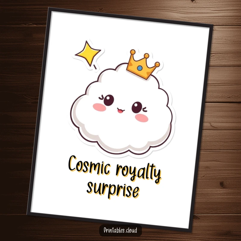 Funny digital art print of a crowned cloud character expressing surprise at a shooting star, perfect for whimsical wall decor.