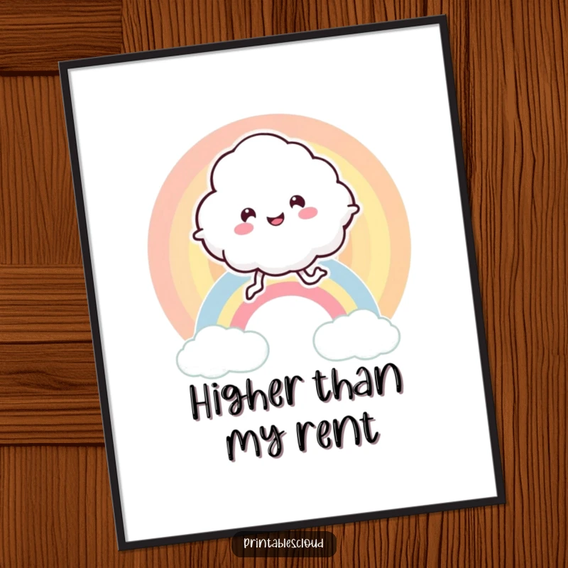 Funny digital art print of a leggy, ecstatic cloud character joyfully bouncing on a vivid rainbow, symbolizing pure delight.