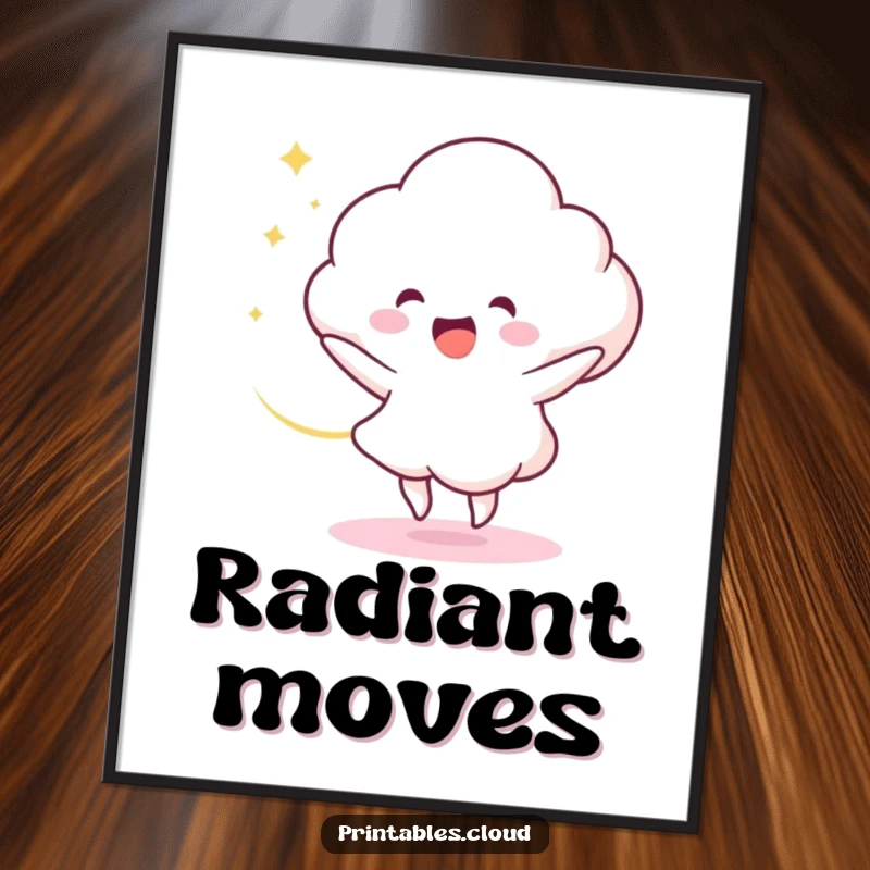 Funny Digital Art Print: A delighted cloud character dances dynamically, with a swirling trail of light, a humorous and energetic instant download.