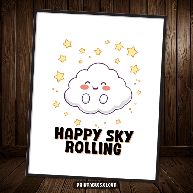 Funny Digital Art Print: A happy cloud character giggles joyfully while rolling across a brilliant, star-filled night sky.