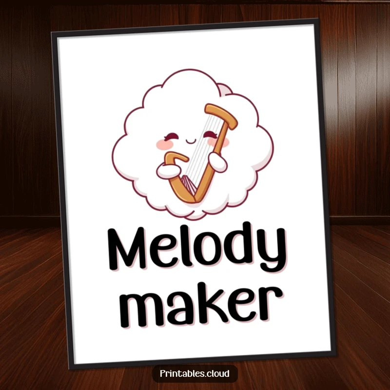 Funny digital art print of a cheerful cloud character playing a gentle harp, offering instant whimsical melodies.