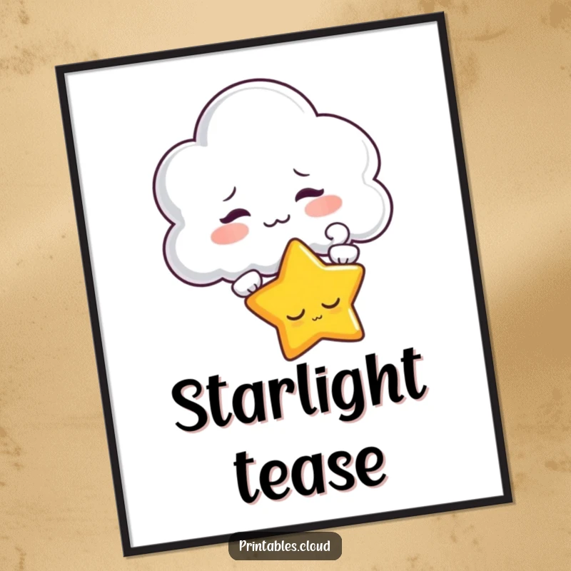 Funny digital art print of a mischievous cloud character teasing a sleepy star, offering instant whimsy and playful humor.