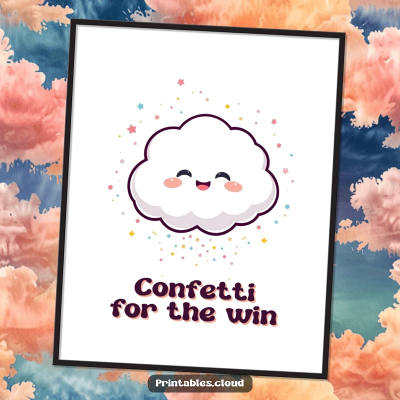 Funny digital art print of a giggling cloud character joyfully spilling sparkling confetti, embodying pure celebration.