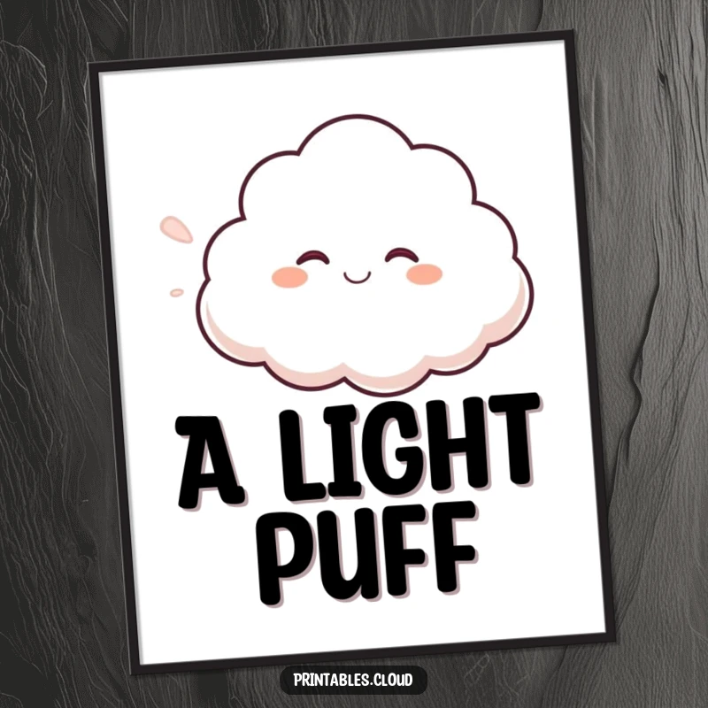 Funny giggling cloud digital art print, blowing a gentle breeze, a humorous and easily accessible artwork for instant cheer.