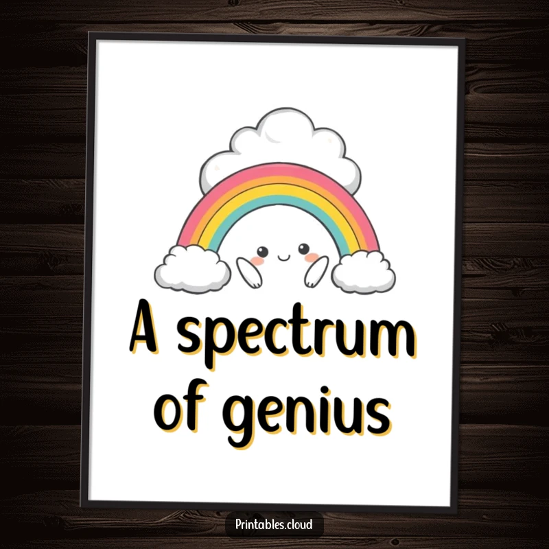 Funny digital art print of a mischievous cloud character creating a miniature rainbow, perfect for instant, humorous wall decor.