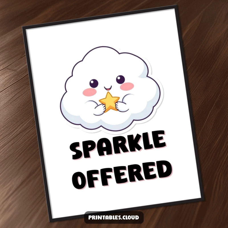 Funny digital art print of a smiling cloud character offering a sparkling star, ideal for instant, magical decor.