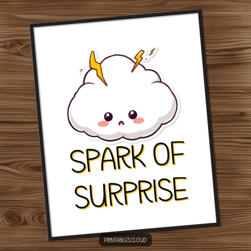 Funny digital art print of a shocked cloud character amidst lightning bolts, conveying sudden fun.
