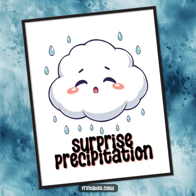 Funny surprised cloud digital art print, blinking during a rain shower, a humorous and easily accessible art download.