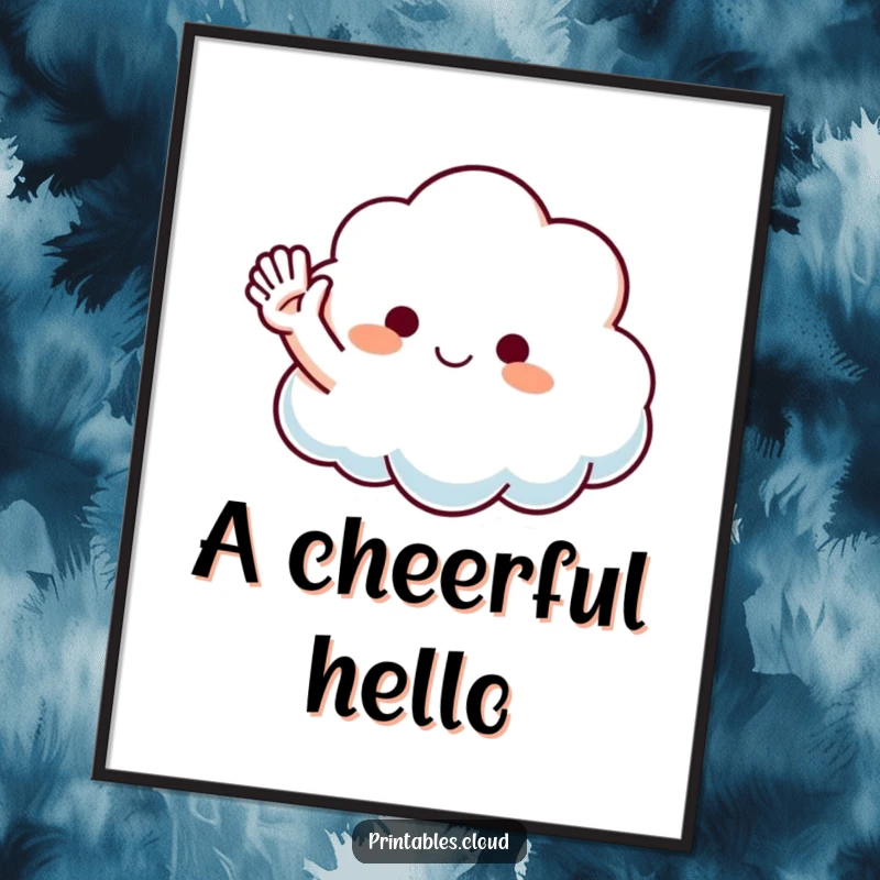 Funny Waving Cloud Digital Art Print of a fluffy cloud character waving hello, perfect for instant download and bringing cheerful humor to walls.