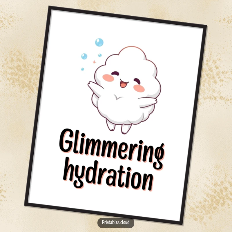 Funny Digital Art: High-resolution printable of a happy cloud character joyfully juggling dewdrops, radiating pure cheer and whimsical beauty.