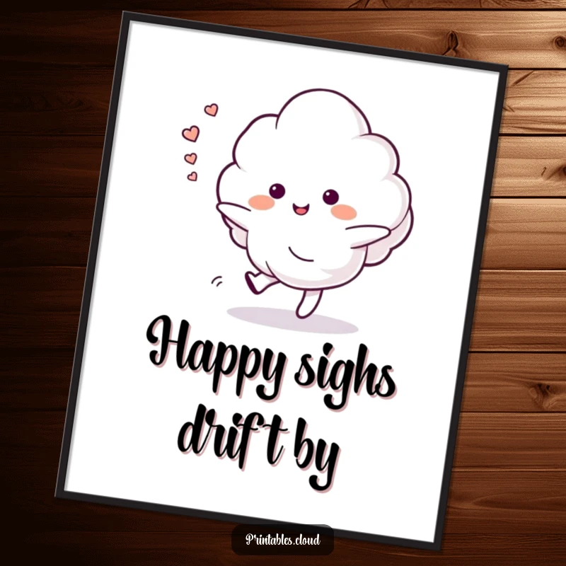 Funny digital art print of a cloud character dancing gently and leaving a trail of happy sighs, perfect for serene decor.