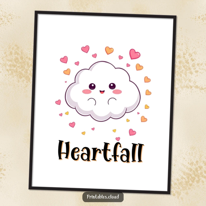 Funny Digital Art Print: A fluffy cloud character playfully rains tiny, colorful hearts, a humorous and sweet instant download.