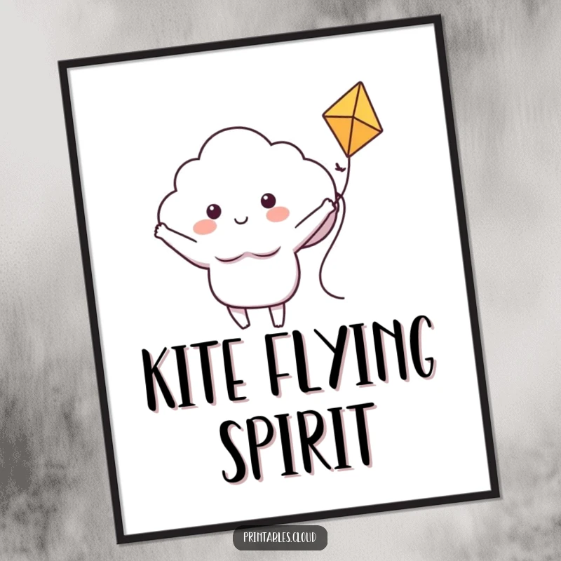 Funny digital art print featuring a joyful cloud character with arms outstretched, joyfully riding a kite through a bright sky.