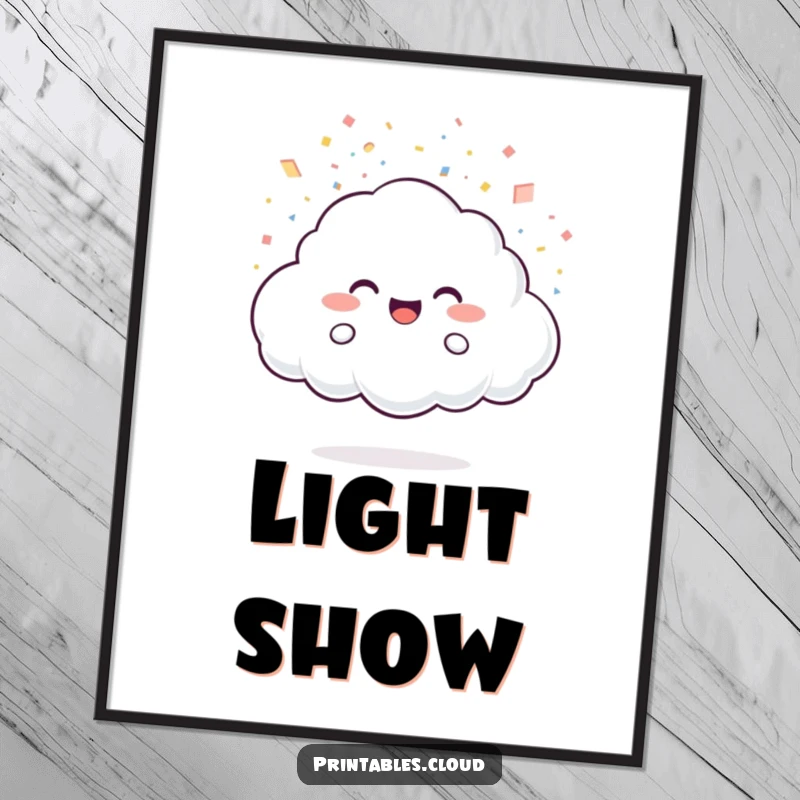 Funny Digital Art Print: A joyful cloud character showers sparkling light particles like confetti, a humorous and festive instant download.
