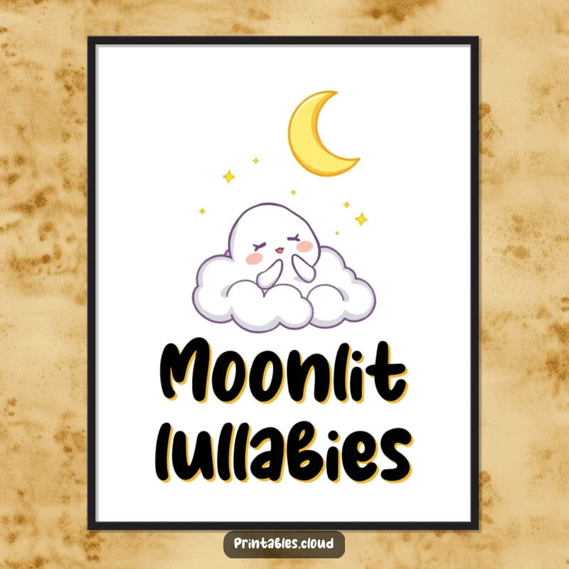 Funny digital art print of a cloud character singing a lullaby to a crescent moon, bringing peaceful, dreamy, and humorous vibes to any room.