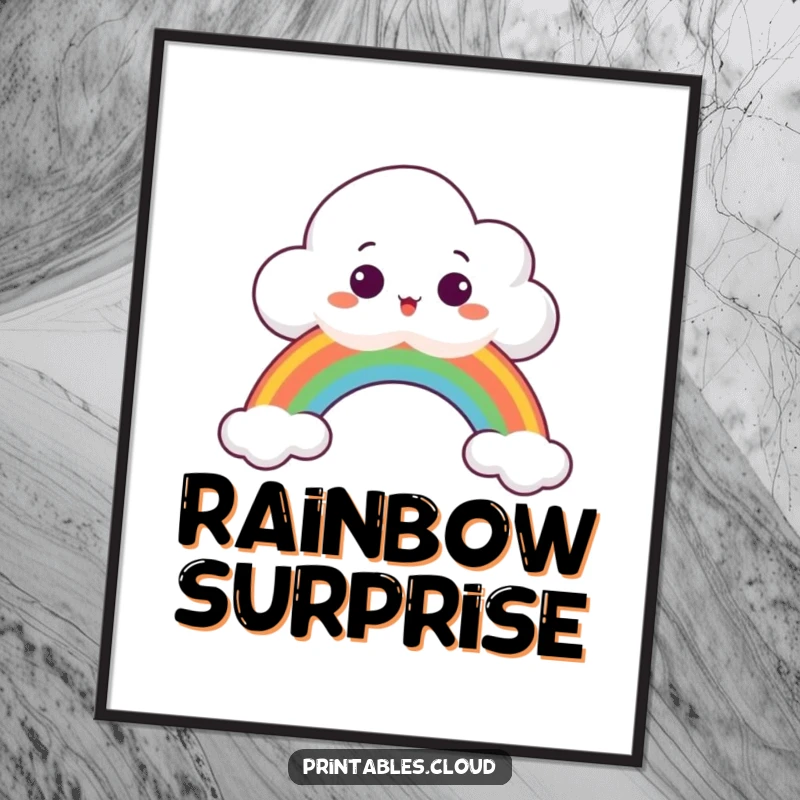 Funny digital art print of a surprised cloud peeking over a colorful rainbow, perfect for instant whimsical decor.
