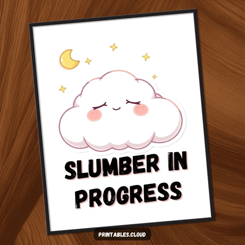 Funny Digital Art: High-resolution printable of a dreaming cloud character sleeping soundly with a gentle smile, radiating peace and calm.