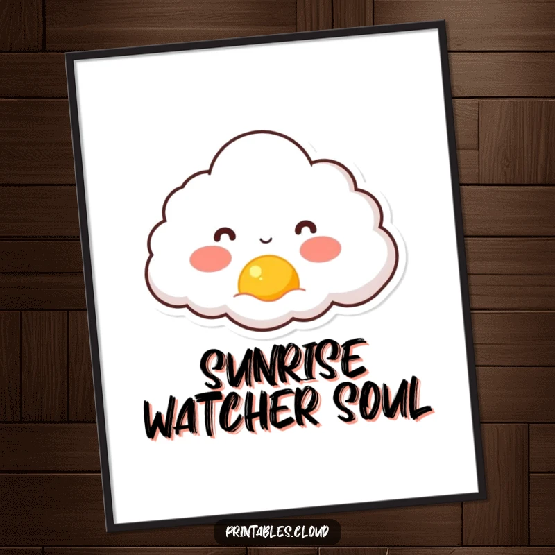 Funny digital art print featuring a rosy-cheeked cloud character joyfully watching a tiny sun rise, capturing morning optimism.