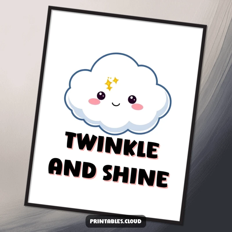Funny digital art print of a cloud character with a speech bubble containing a bright twinkle, perfect for instant whimsical decor.