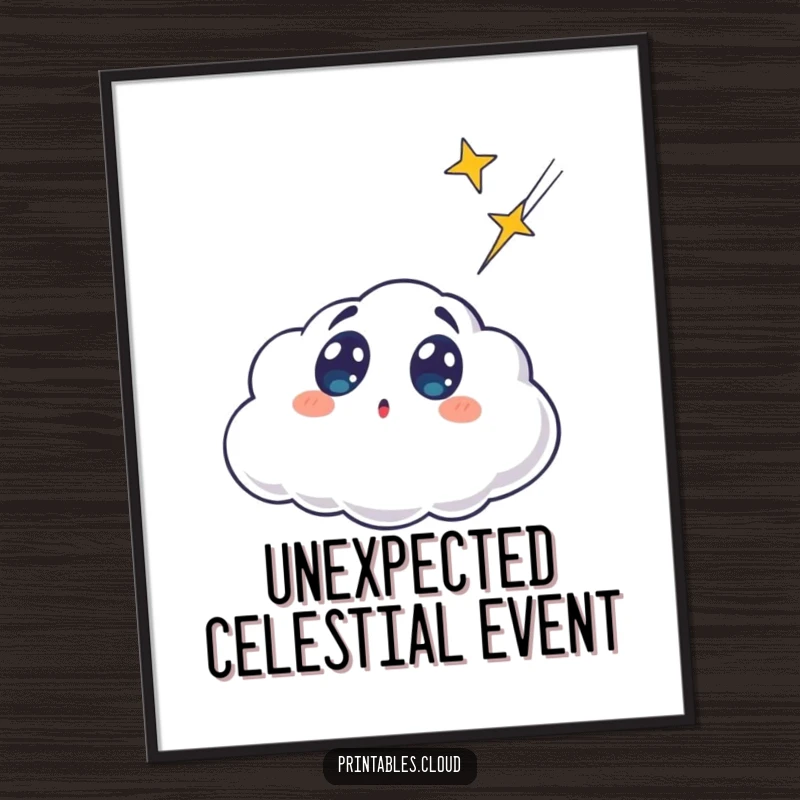 Funny surprised cloud character, wide-eyed astonishment at a shooting star, digital art print, instant whimsical decor.