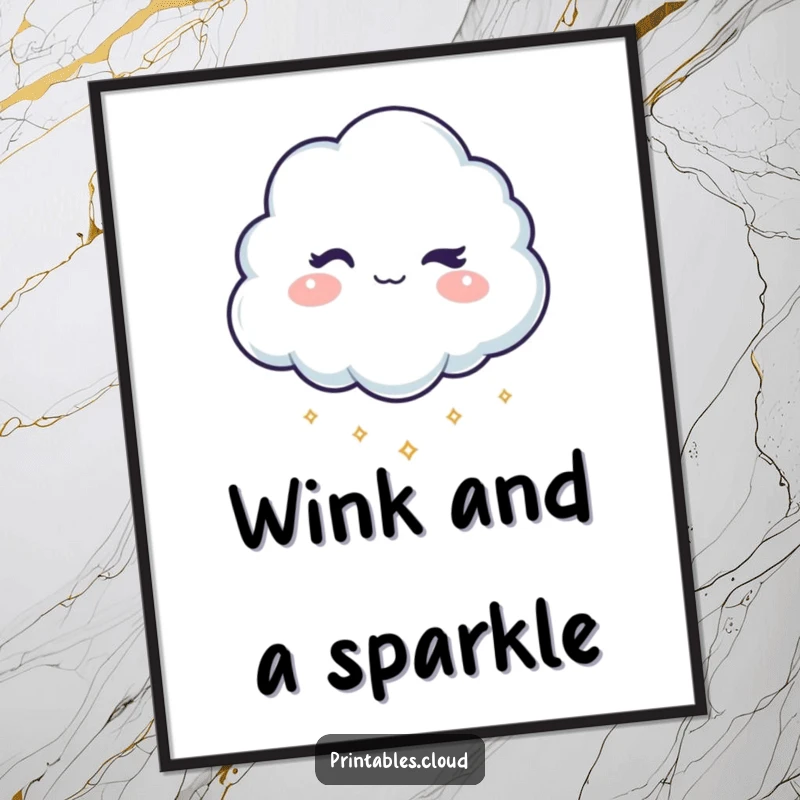 Funny digital art print of a mischievous cloud character winking and dropping tiny, shimmering sparkles, perfect for adding playful decor.