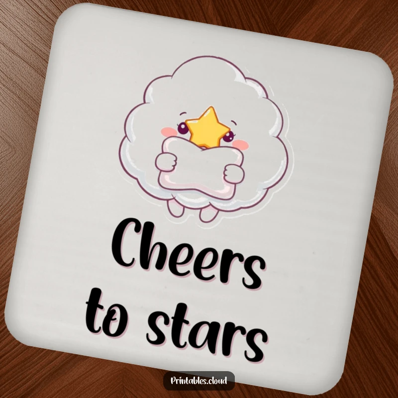 Funny coaster art depicting a cheerful cloud offering a pillow to a shining star, bringing heartwarming protection to tabletops.