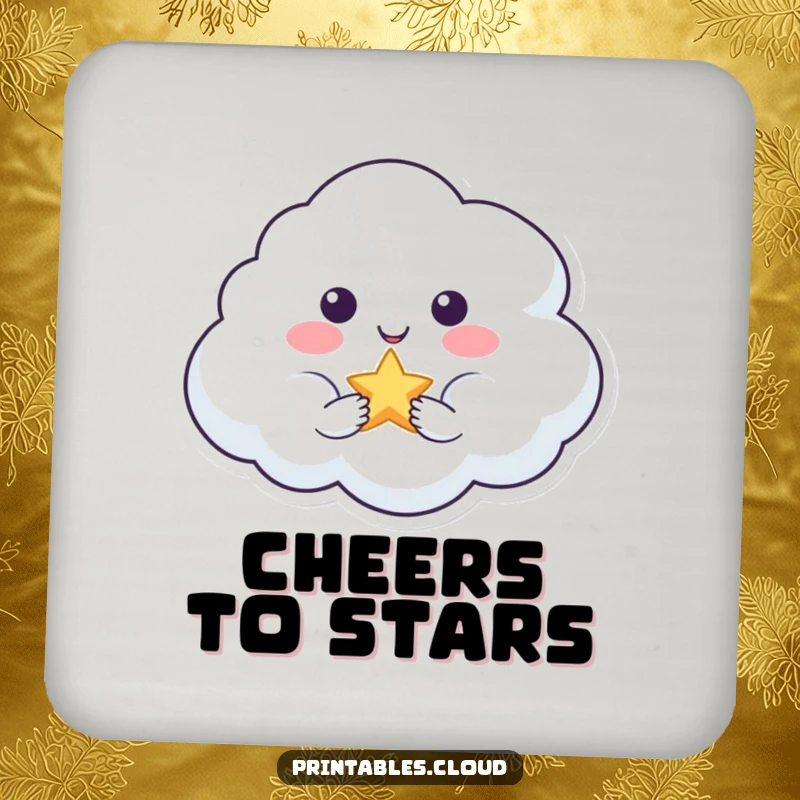 Funny drink coasters featuring a smiling cloud character offering a tiny, sparkling star, adding magical humor.