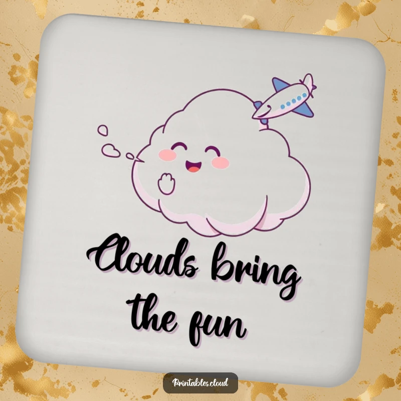 Funny Coaster: A giggling cloud character tickles a passing airplane with mist, a humorous surface protector.